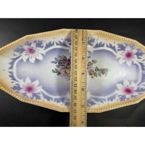 Antique German Porcelain Celery Dish 11.5"  Hand Painted Floral Luster Trim - Picture 6 of 7